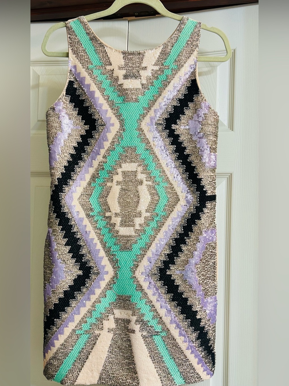 English Rose Beaded Geometric Sheath Dress in Mint, Lavender, Black & Beige